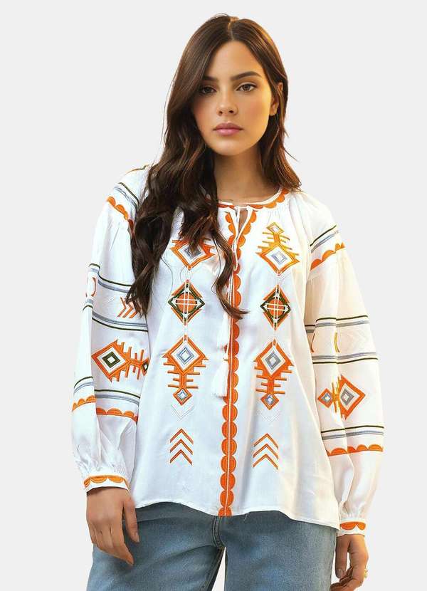 Sob - Blusa Branca Boho Bordada em Viscose com Mangas - Branco 4