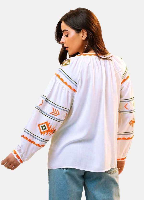 Sob - Blusa Branca Boho Bordada em Viscose com Mangas - Branco 5