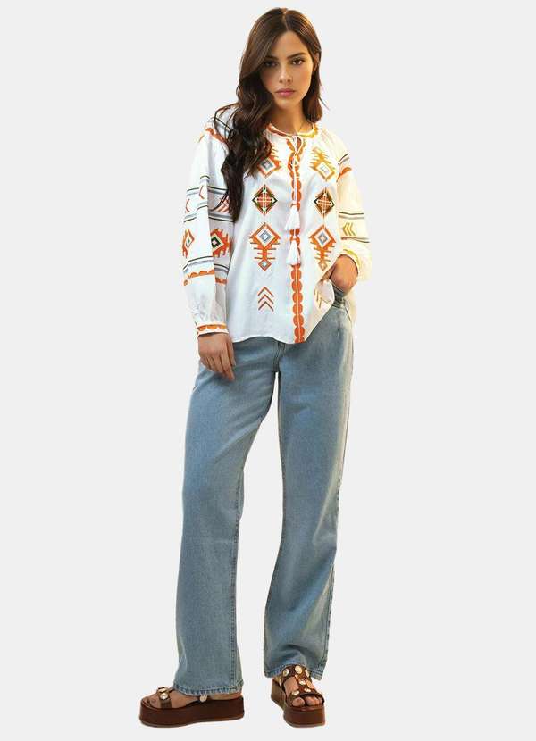 Sob - Blusa Branca Boho Bordada em Viscose com Mangas - Branco 6