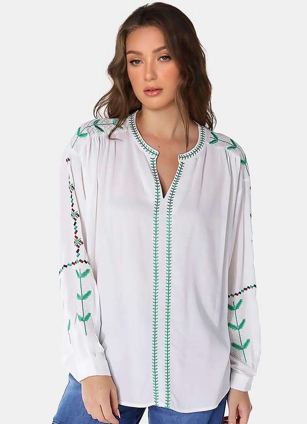Sob - Blusa Branca Boho em Viscose e Linho Mangas Bordada Sob - Branco