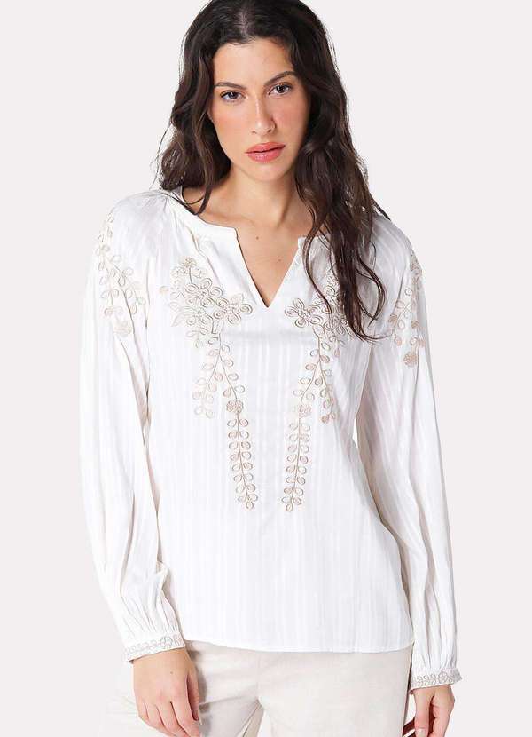 Sob - Blusa Branca Bordada em Bege Viscose Maquinetada com Mangas - Branco 2