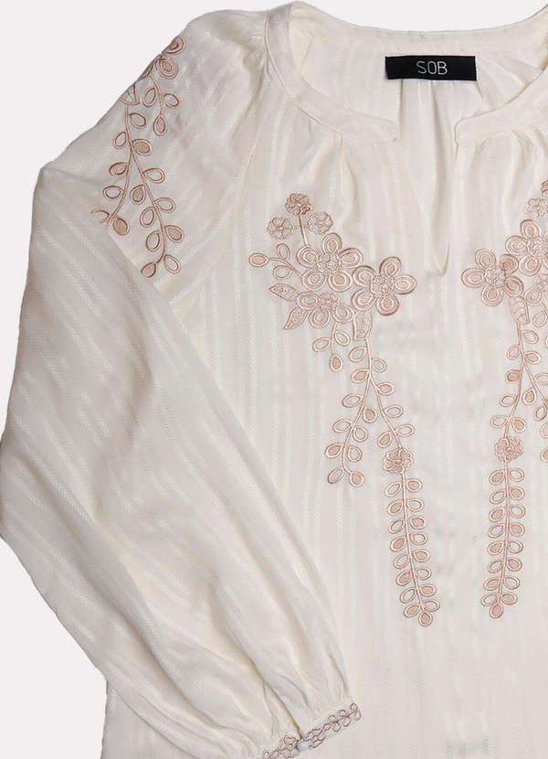 Sob - Blusa Branca Bordada em Bege Viscose Maquinetada com Mangas - Branco 5