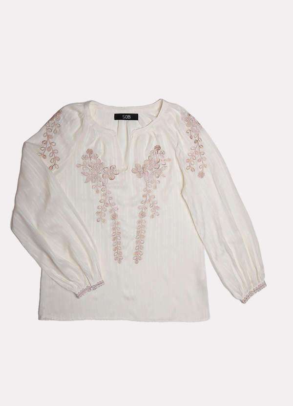 Sob - Blusa Branca Bordada em Bege Viscose Maquinetada com Mangas - Branco 6