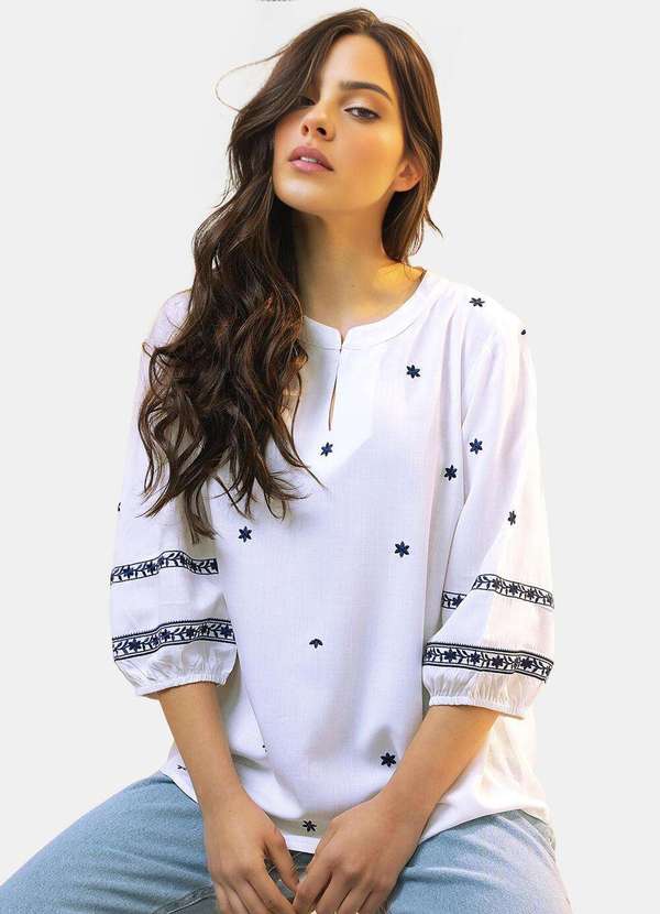 Sob - Blusa Branca Bordada Feminina em Viscose Manga 3/4 - Branco