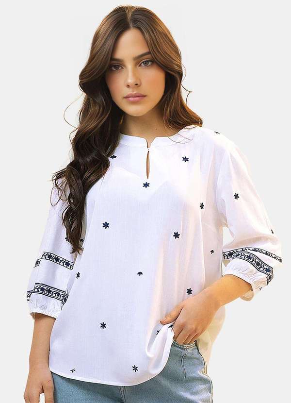 Sob - Blusa Branca Bordada Feminina em Viscose Manga 3/4 - Branco 6