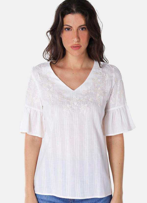 Sob - Blusa Branca Bordada Gola V com Mangas 3/4 Algodão Boho - Branco 2