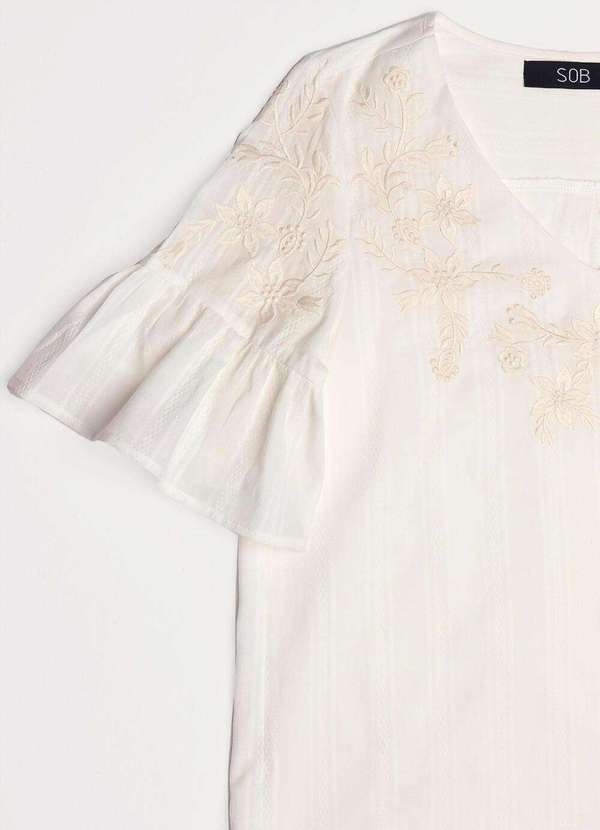 Sob - Blusa Branca Bordada Gola V com Mangas 3/4 Algodão Boho - Branco 3