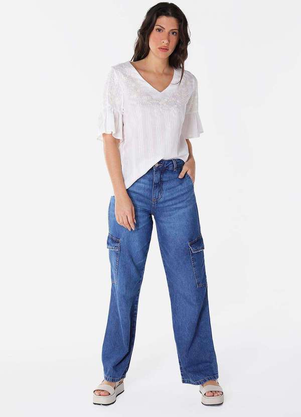 Sob - Blusa Branca Bordada Gola V com Mangas 3/4 Algodão Boho - Branco 5