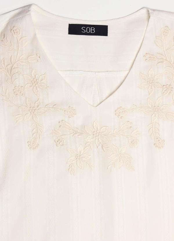 Sob - Blusa Branca Bordada Gola V com Mangas 3/4 Algodão Boho - Branco 7