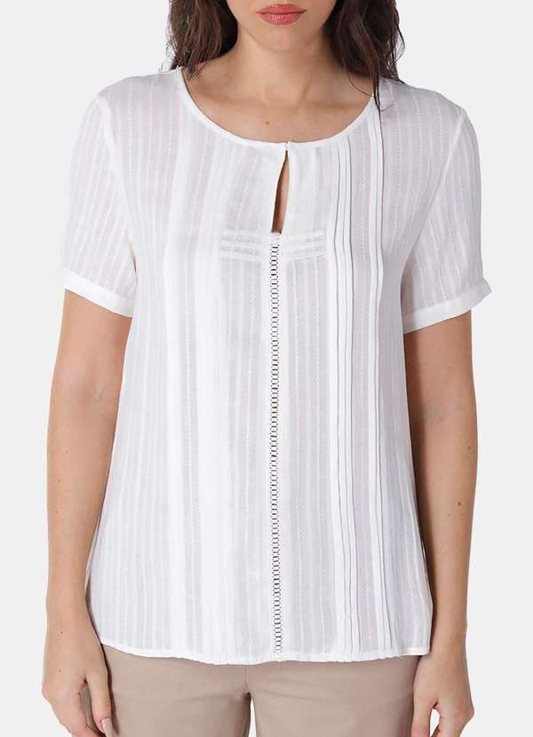 Sob - Blusa Branca de Viscose com Linho Manga Curta Pregas - Branca 2