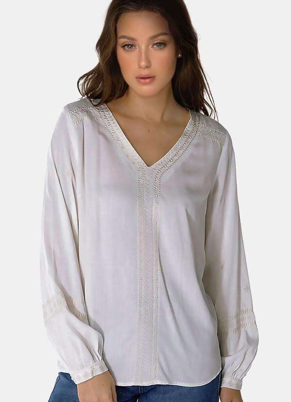 Sob - Blusa Branca e Bege Claro Bordada em Viscose Manga Longa - Branco