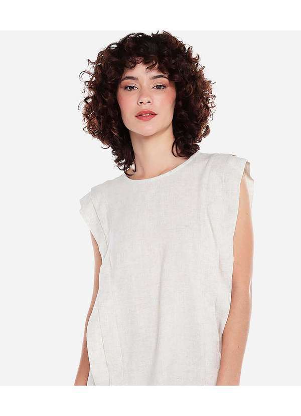 Sob - Blusa de Linho Manga Curta com Pregas Bege