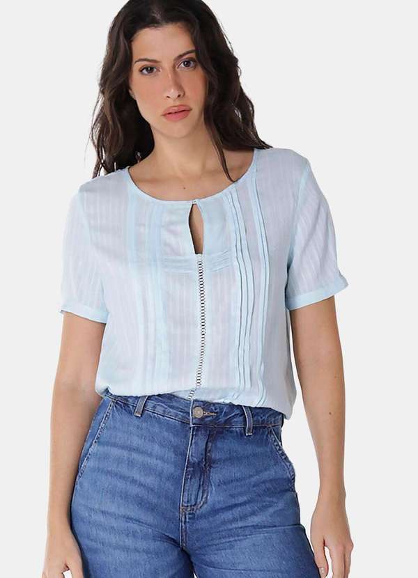 Sob - Blusa de Viscose com Linho Manga Curta Pregas - Azul