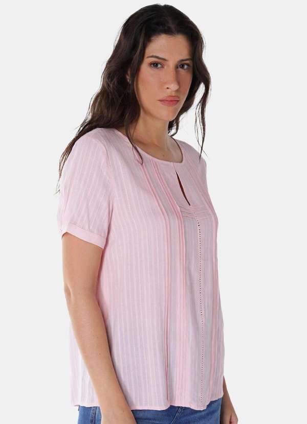 Sob - Blusa de Viscose com Linho Manga Curta Pregas - Rosa 2