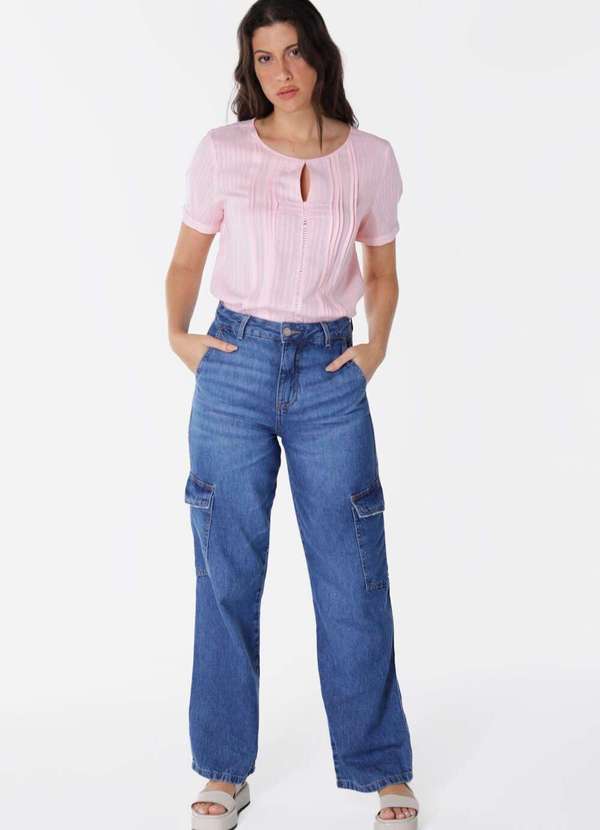 Sob - Blusa de Viscose com Linho Manga Curta Pregas - Rosa 4