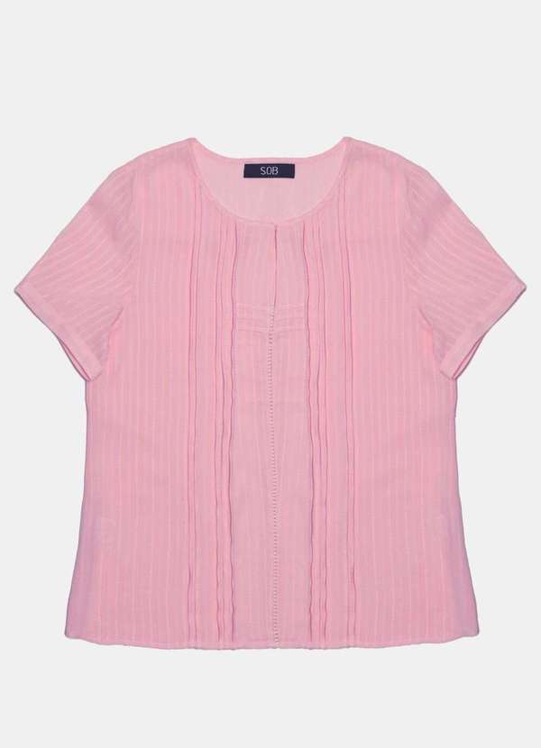 Sob - Blusa de Viscose com Linho Manga Curta Pregas - Rosa 5