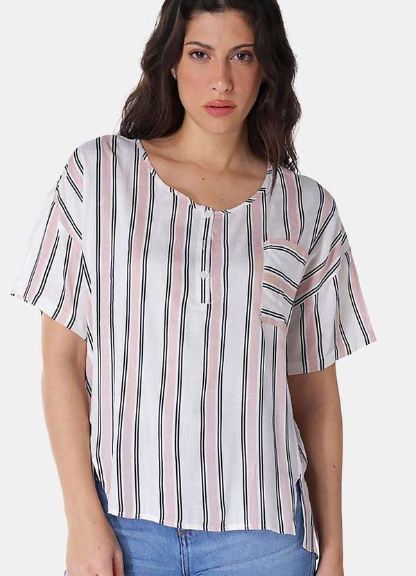 Sob - Blusa de Viscose com Mangas Listrada - Rosa 2