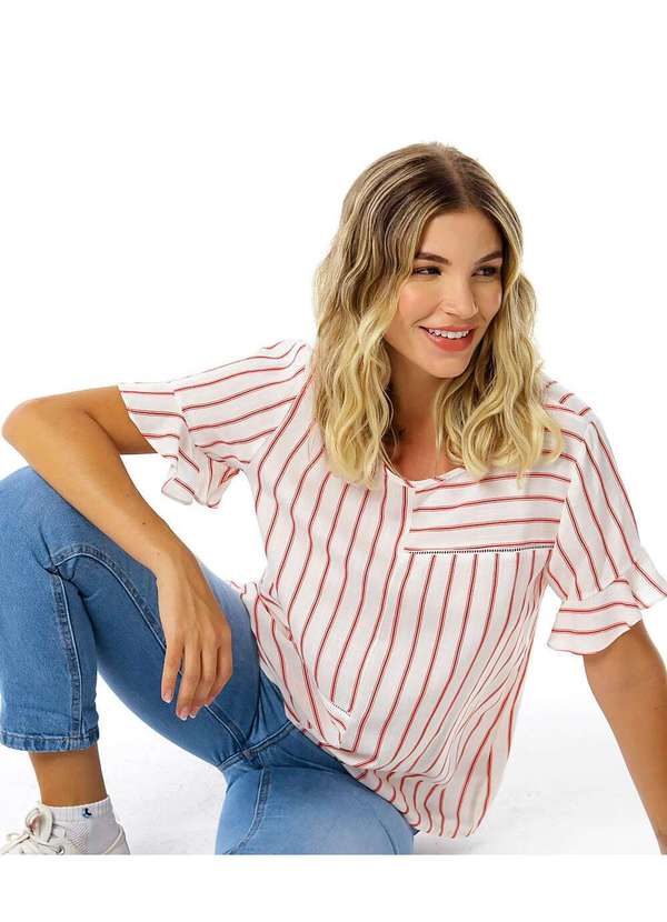 Sob - Blusa em Viscose Listrada Manga Curta Vermelho