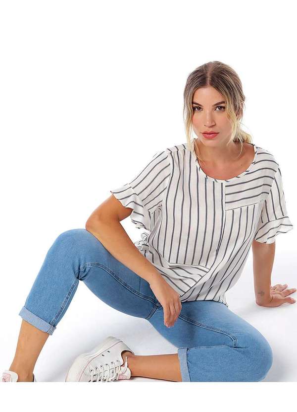 Sob - Blusa em Viscose Listrada Manga Curta Azul