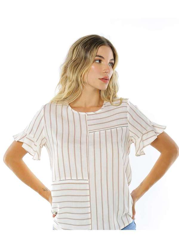 Sob - Blusa em Viscose Listrada Manga Curta Bege