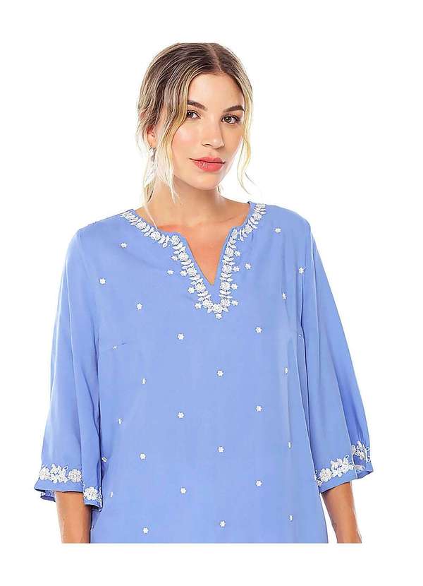 Sob - Blusa Azul em Viscose  Bordada Boho Manga 3/4 Solta Azul 2