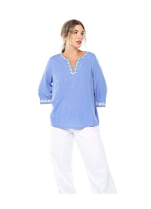 Sob - Blusa Azul em Viscose  Bordada Boho Manga 3/4 Solta Azul 3