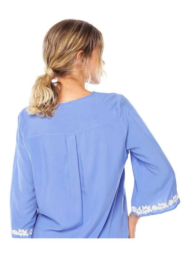 Sob - Blusa Azul em Viscose  Bordada Boho Manga 3/4 Solta Azul 4