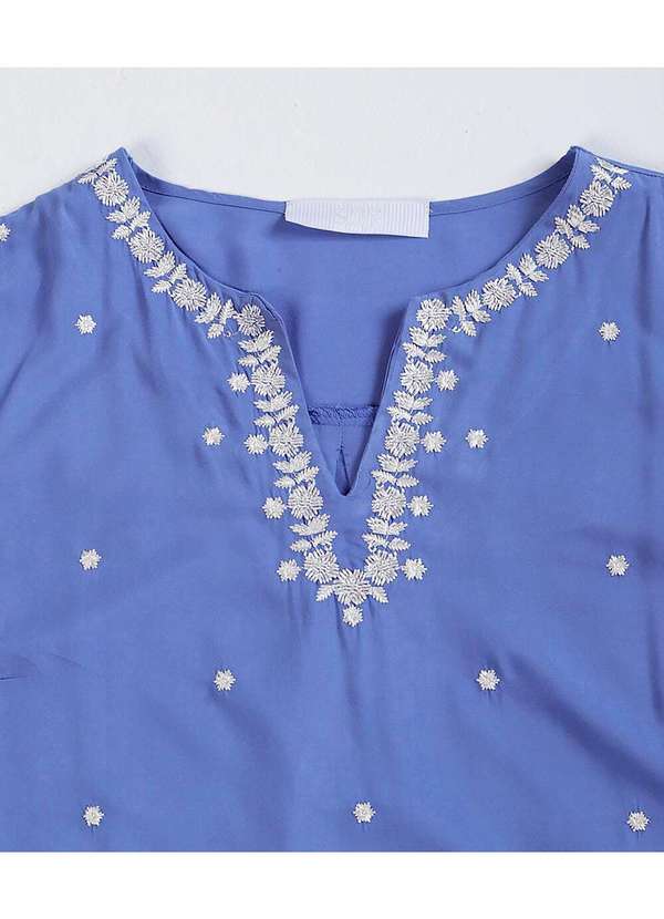 Sob - Blusa Azul em Viscose  Bordada Boho Manga 3/4 Solta Azul 5