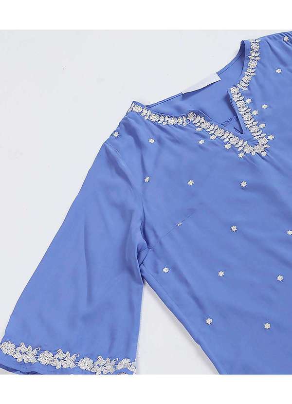 Sob - Blusa Azul em Viscose  Bordada Boho Manga 3/4 Solta Azul 6