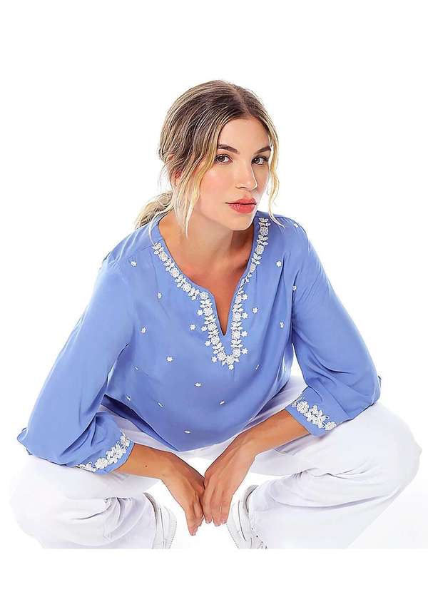 Sob - Blusa Azul em Viscose  Bordada Boho Manga 3/4 Solta Azul 7