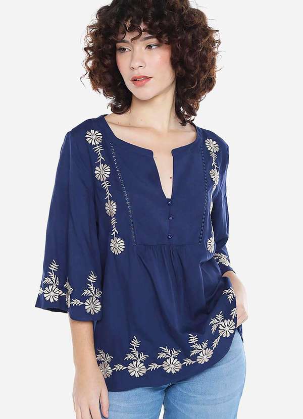 Sob - Blusa em Viscose Mangas Bordada Boho - Azul 2