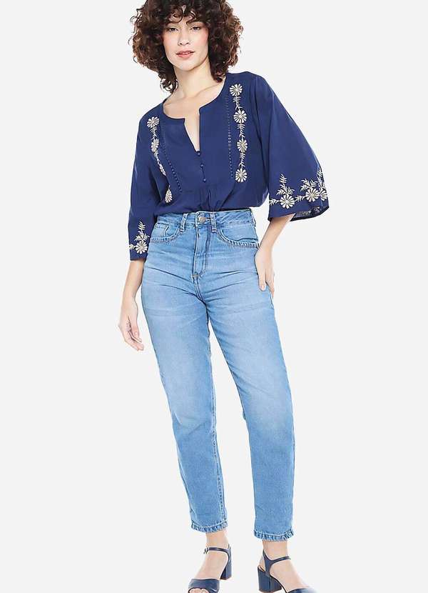 Sob - Blusa em Viscose Mangas Bordada Boho - Azul 4