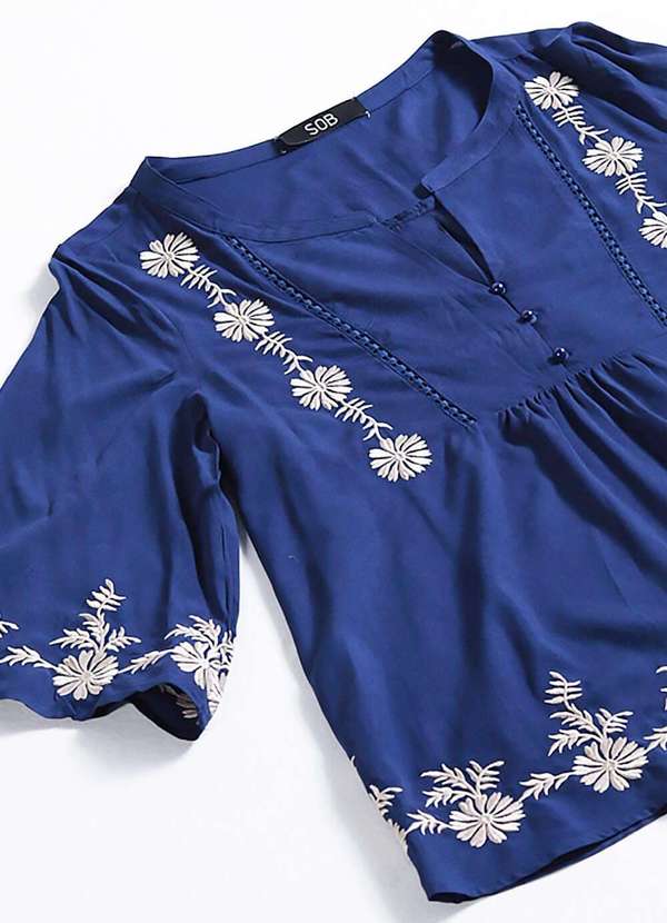 Sob - Blusa em Viscose Mangas Bordada Boho - Azul 5