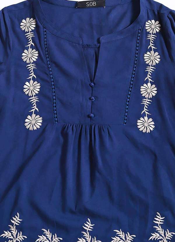 Sob - Blusa em Viscose Mangas Bordada Boho - Azul 7