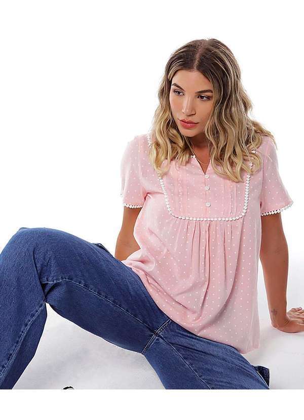 Sob - Blusa Feminina em Algodão Manga Curta Poá Rosa