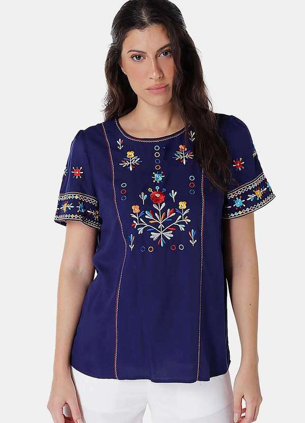 Sob - Blusa Feminina em Viscose Manga Curta Bordada - Azul
