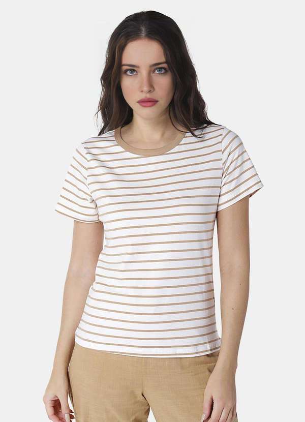 Sob - Blusa Feminina Listrada Bege Retrô em Malha de Algodão - Bege