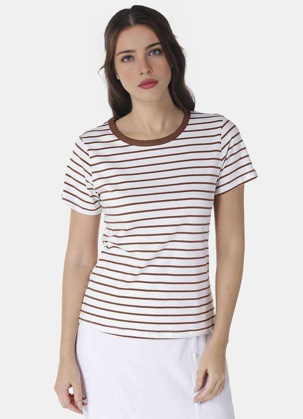 Sob - Blusa Feminina Listrada Marrom Retrô em Malha de Algodão - Marrom