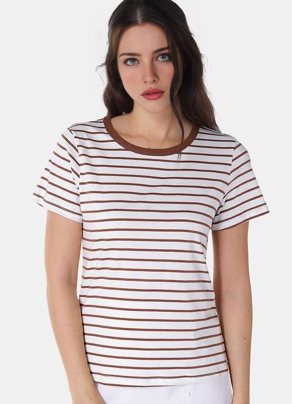 Sob - Blusa Feminina Listrada Marrom Retrô em Malha de Algodão - Marrom 2