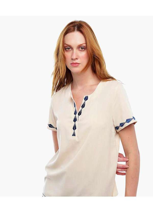 Sob - Blusa Feminina Textura de Linho Manga Curta Bordada Bege 2