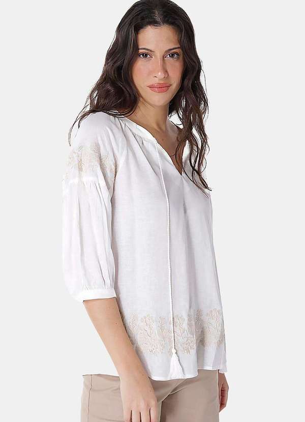 Sob - Blusa Off-White de Linho com Viscose Mangas Bordada Boho - Branco
