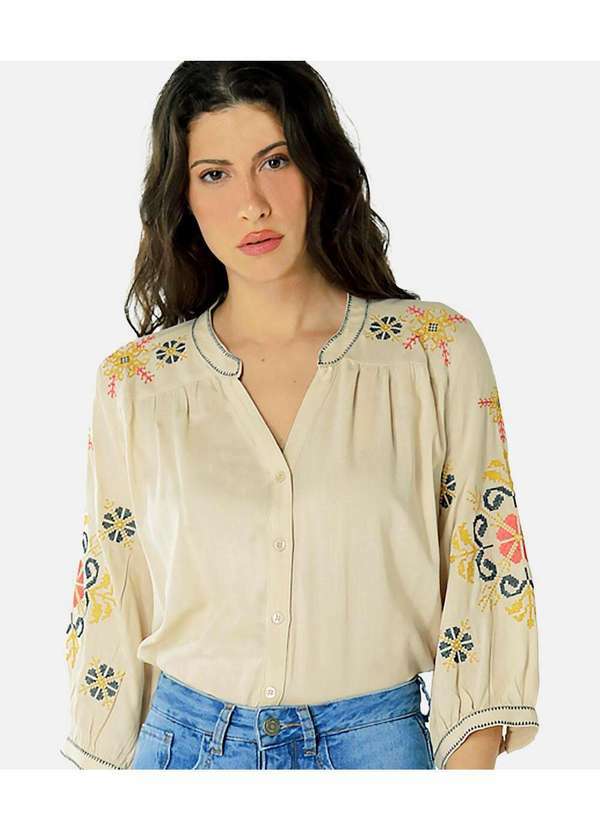 Sob - Camisa Areia Boho em Viscose Mangas Bordada - Bege