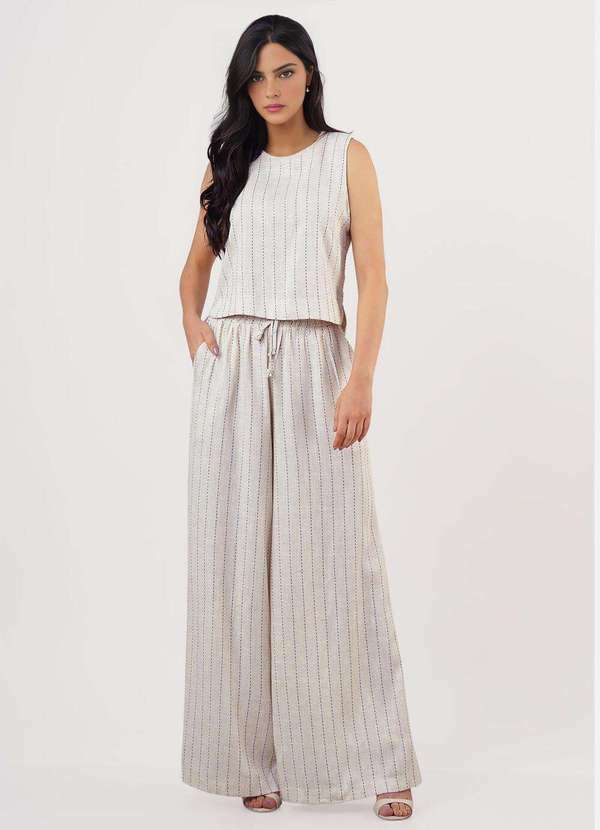 Sob - Calça de Linho Bege Listrada Pantalona com Bolsos - Bege 3