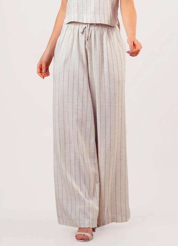 Sob - Calça de Linho Bege Listrada Pantalona com Bolsos - Bege 4