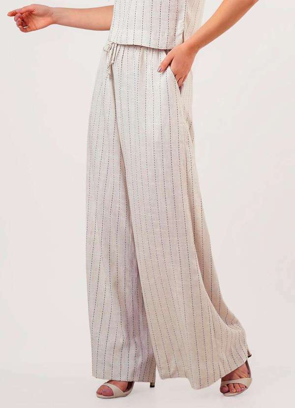 Sob - Calça de Linho Bege Listrada Pantalona com Bolsos - Bege 5