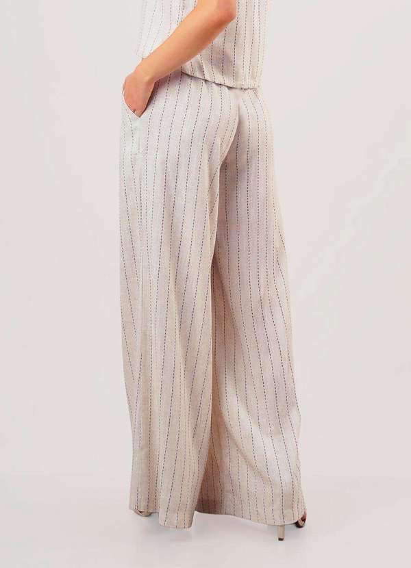 Sob - Calça de Linho Bege Listrada Pantalona com Bolsos - Bege 6