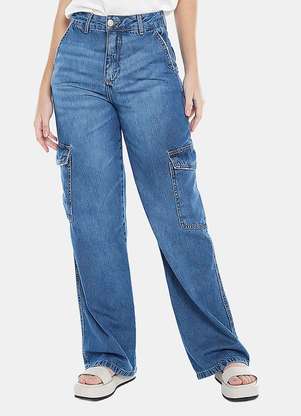 Sob Calça Jeans Reta Feminina com Bolsos Azul