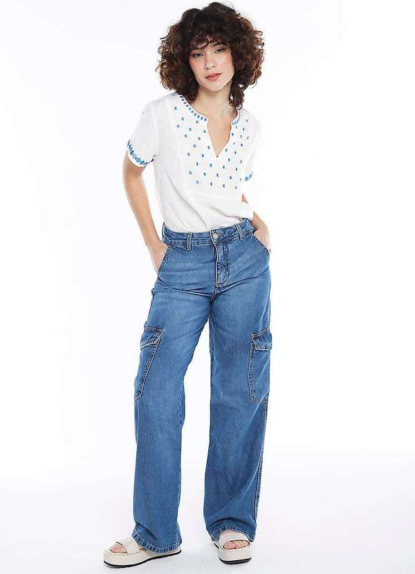 Sob - Calça Jeans Reta Feminina com Bolsos - Azul 5