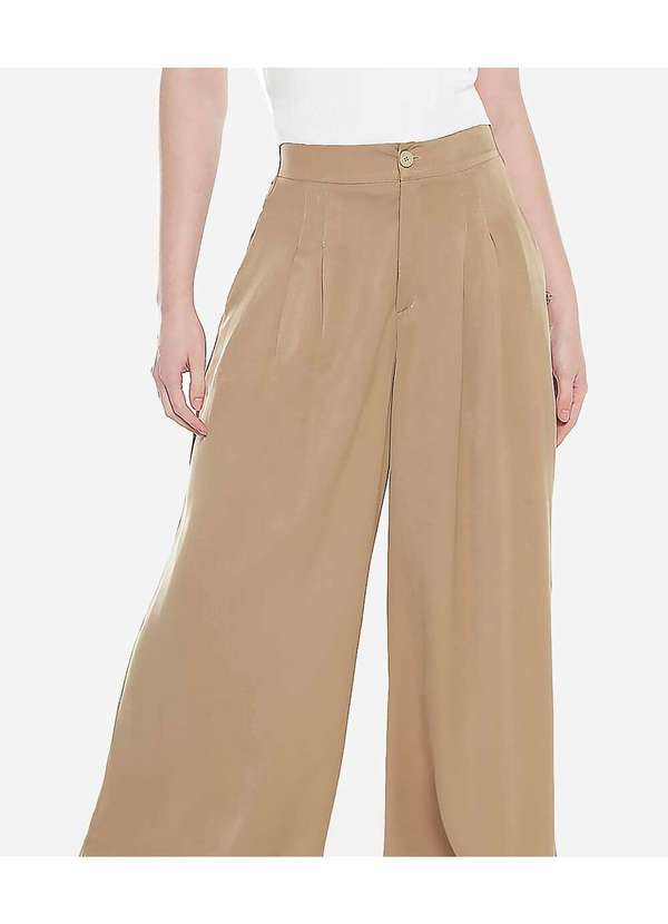 Sob - Calça Pantalona Bege Mocca com Pregas Feminina com Bolsos Bege