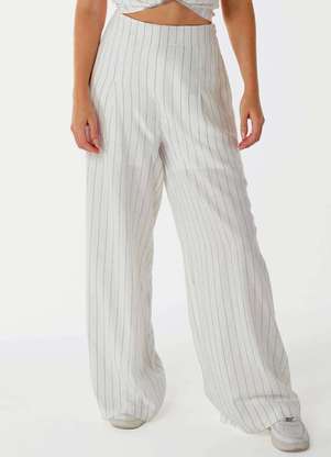 Sob Calça Pantalona de Linho Branca Risca de Giz com Bolsos Branco